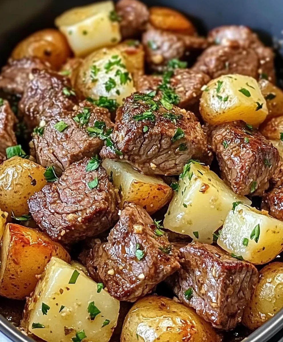 Air Fryer Garlic Butter Steak Bites and Potatoes