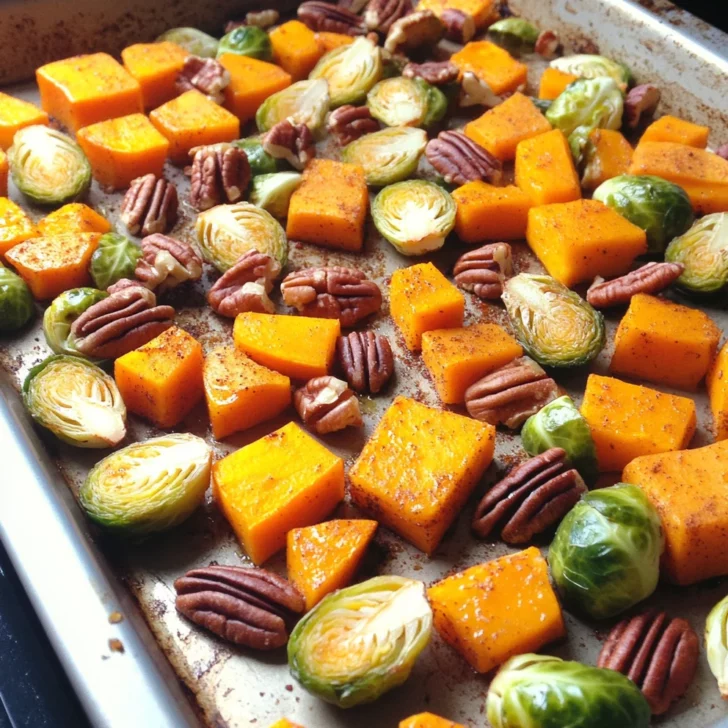 Roasted Brussels Sprouts and Cinnamon Butternut Squash with Pecans and Cranberries