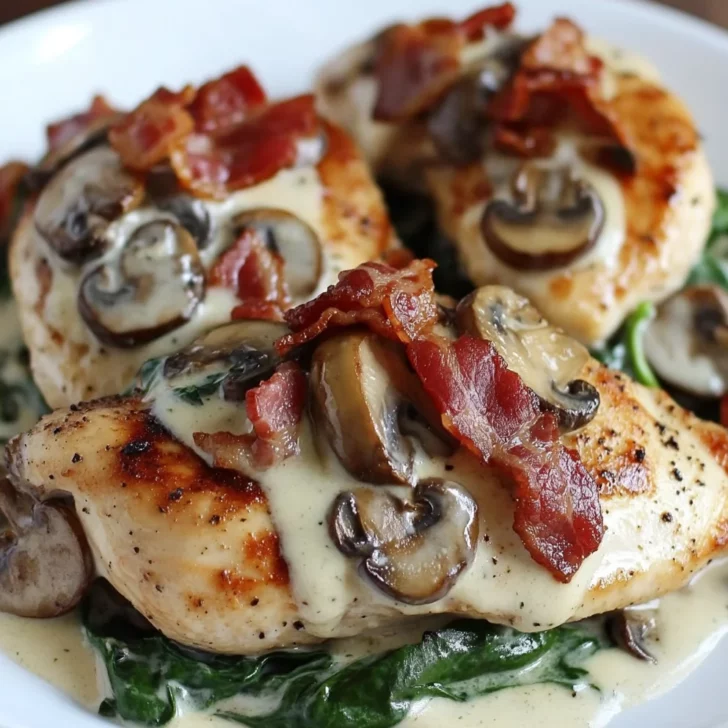 Smothered Chicken with Creamed Spinach, Bacon, and Mushrooms