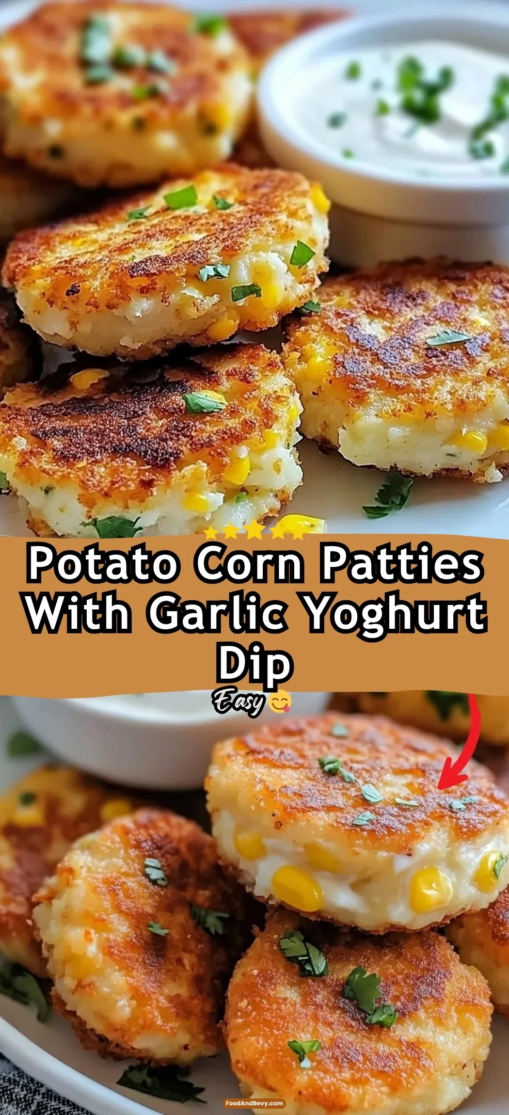Potato Corn Patties With Garlic Yoghurt Dip